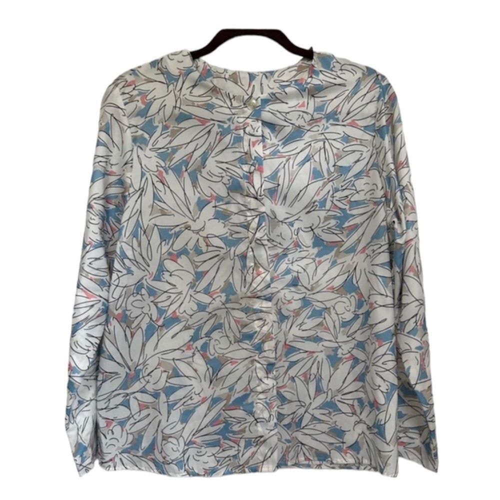 Vintage  70’S Alicia Blue White Floral Button-Up Long Sleeve Blouse Top 14